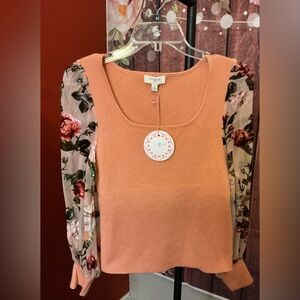 Umgee Apricot Top with Floral Sleeves